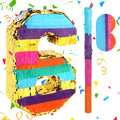 Hxezoc Rainbow Number 6 Pinata with Blindfold & Bat — 16.1 x 10.6 x 3.2 in for 6th Birthday Parties