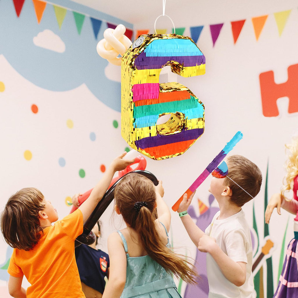 Hxezoc Rainbow Number 6 Pinata with Blindfold & Bat — 16.1 x 10.6 x 3.2 in for 6th Birthday Parties