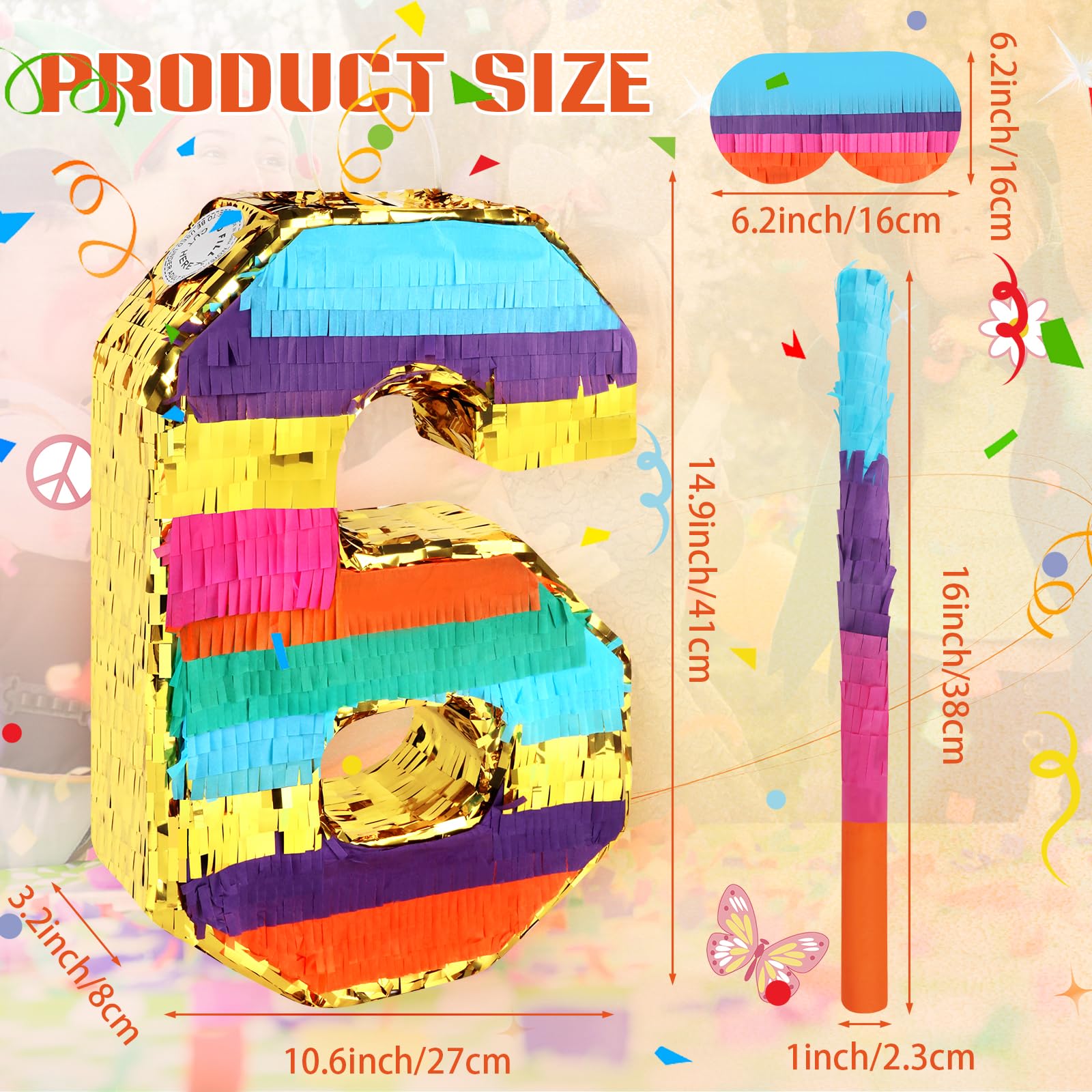 Hxezoc Rainbow Number 6 Pinata with Blindfold & Bat — 16.1 x 10.6 x 3.2 in for 6th Birthday Parties