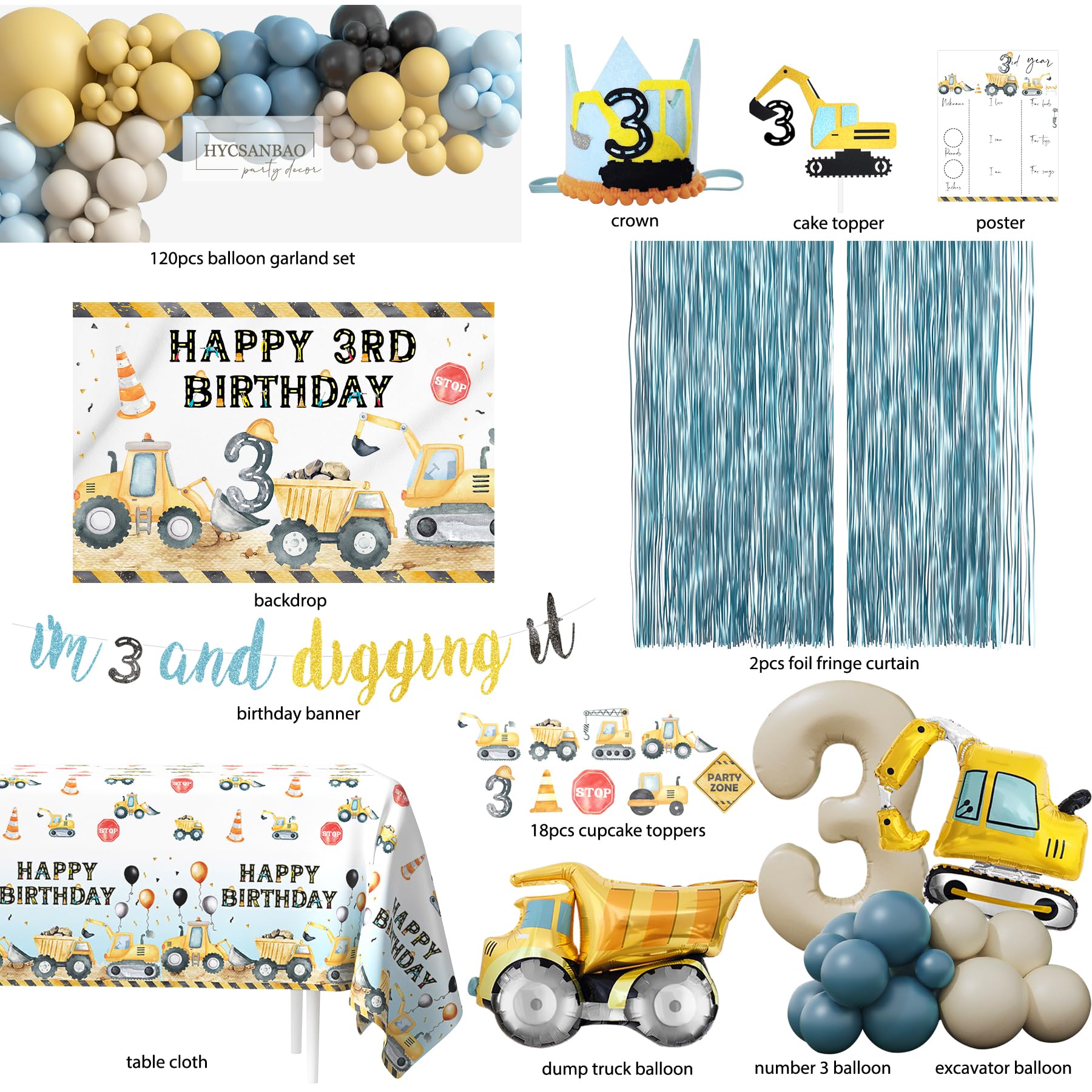 HYCSANBAO Construction 3rd Birthday Party Supplies for Boys | Backdrop, Balloon Garland, Cake Toppers