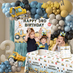 HYCSANBAO Construction 3rd Birthday Party Supplies for Boys | Backdrop, Balloon Garland, Cake Toppers