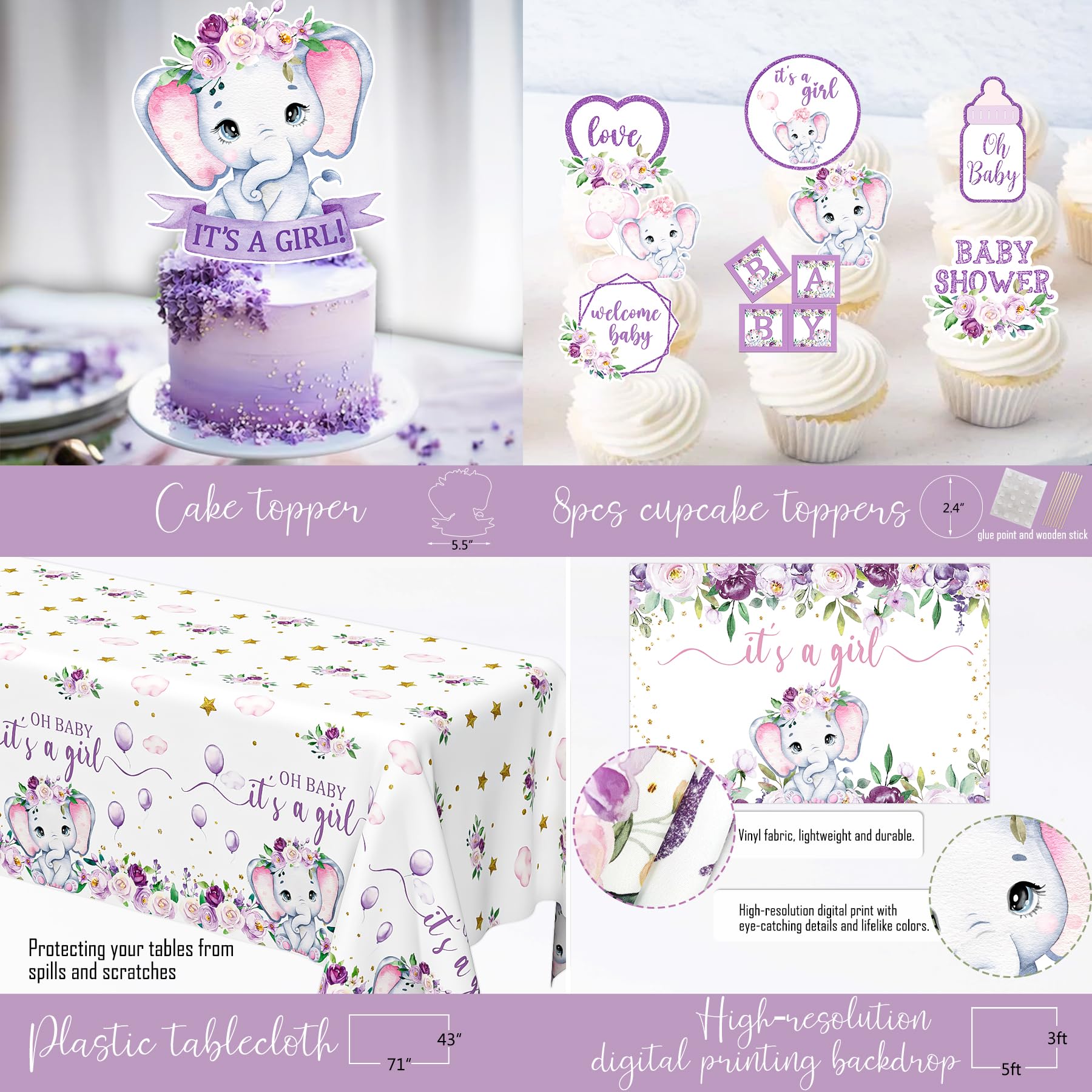 HYCSANBAO Elephant Baby Shower Decorations – It’s a Girl Theme