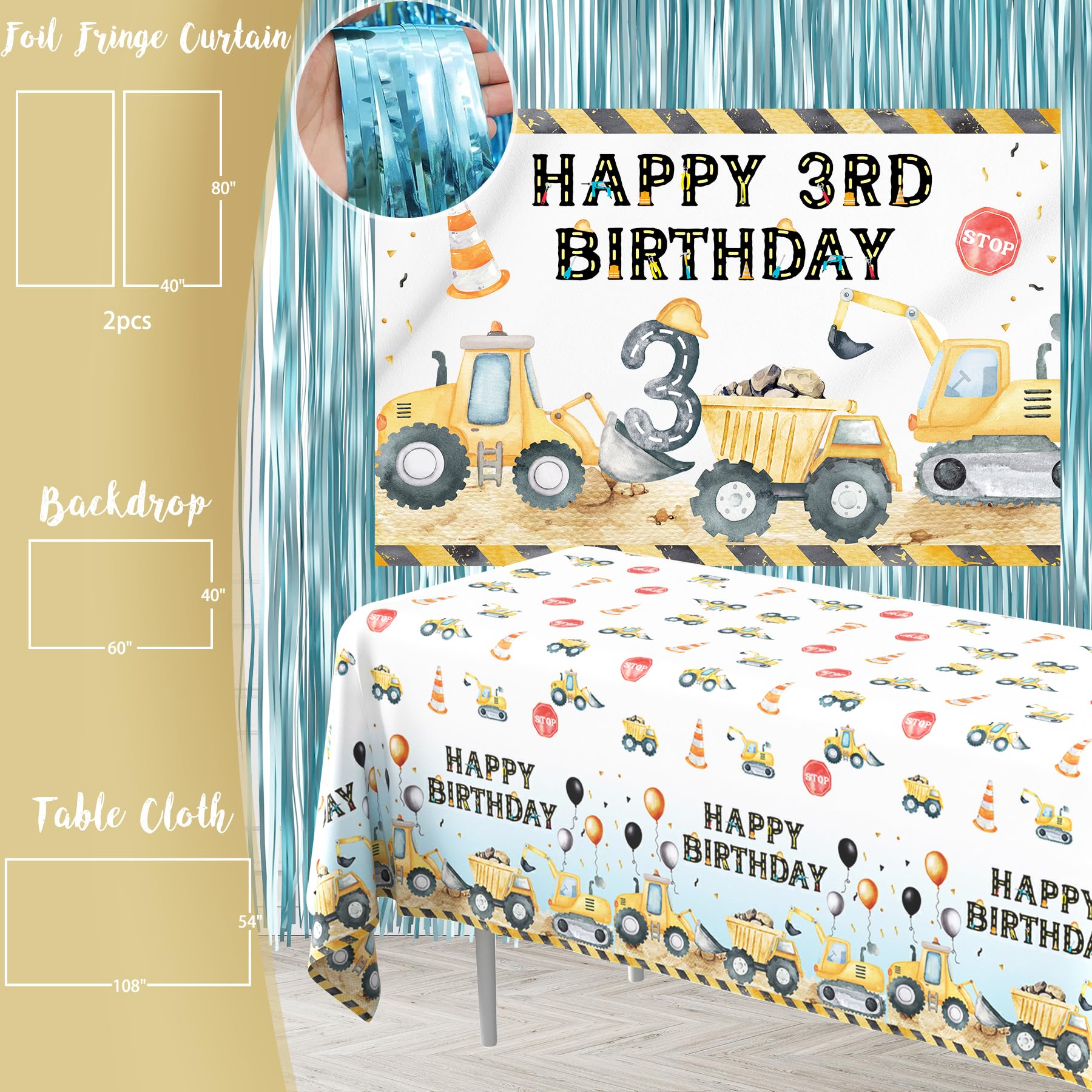 HYCSANBAO Construction 3rd Birthday Party Supplies for Boys | Backdrop, Balloon Garland, Cake Toppers