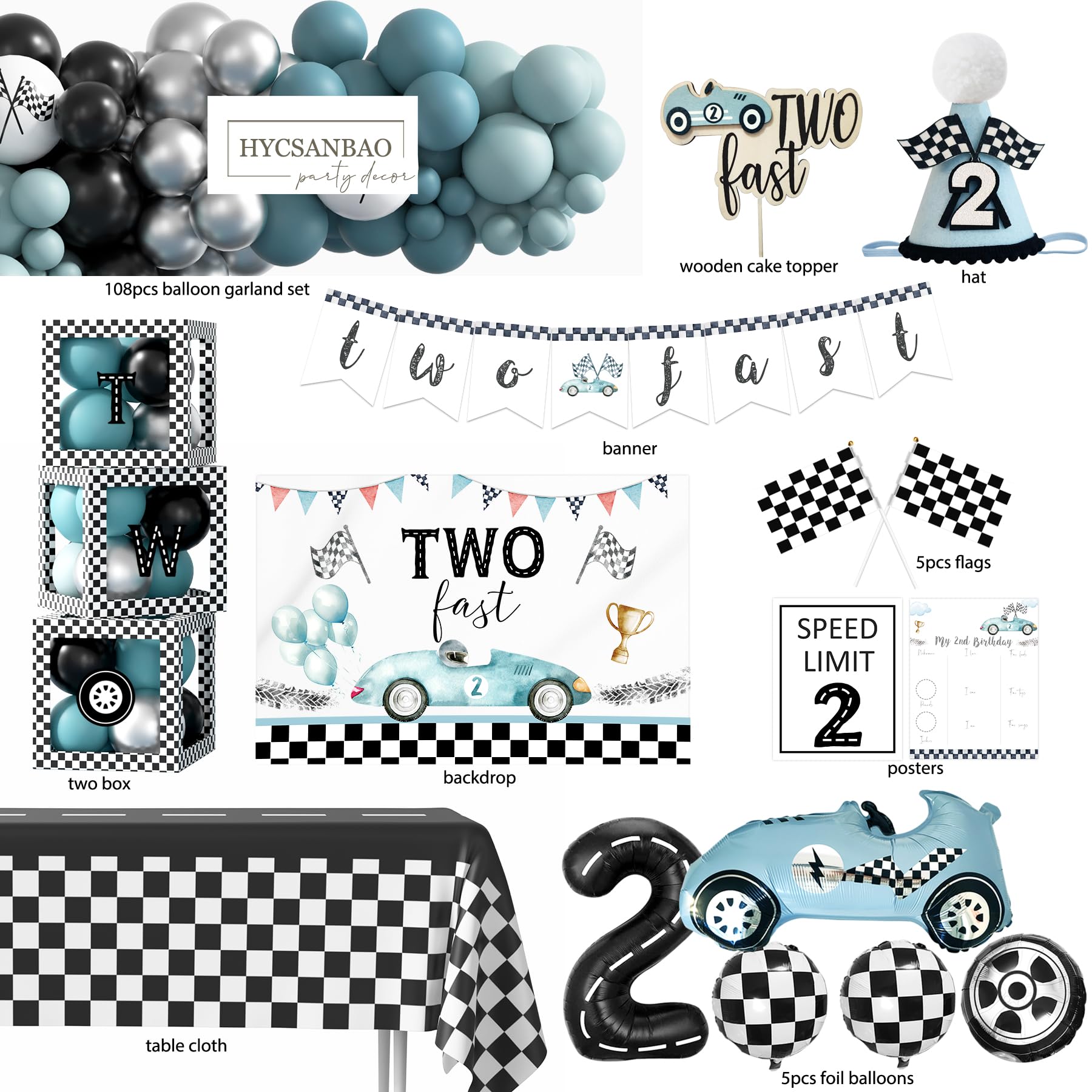 HYCSANBAO Two Fast Birthday Decorations – Race Car 2nd Birthday Kit