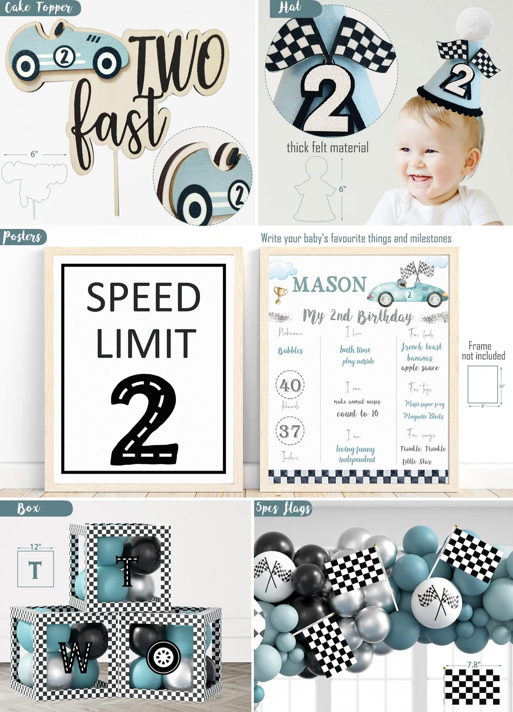 HYCSANBAO Two Fast Birthday Decorations – Race Car 2nd Birthday Kit