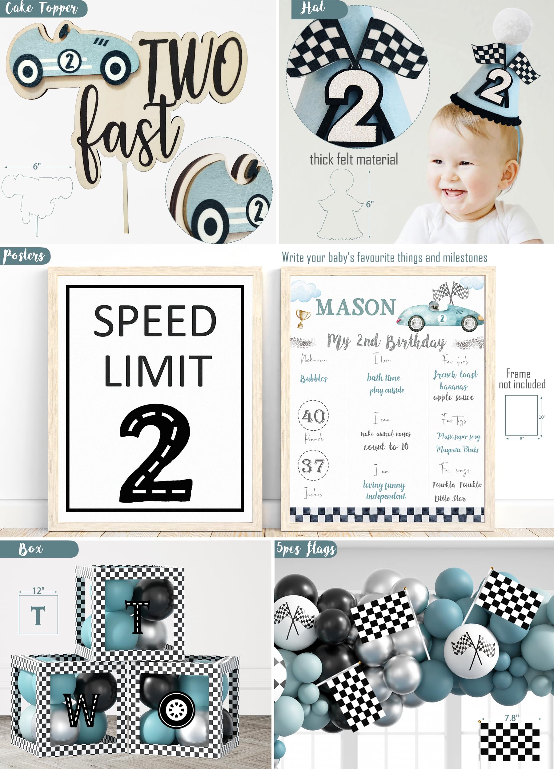 HYCSANBAO Two Fast Birthday Decorations – Race Car 2nd Birthday Kit