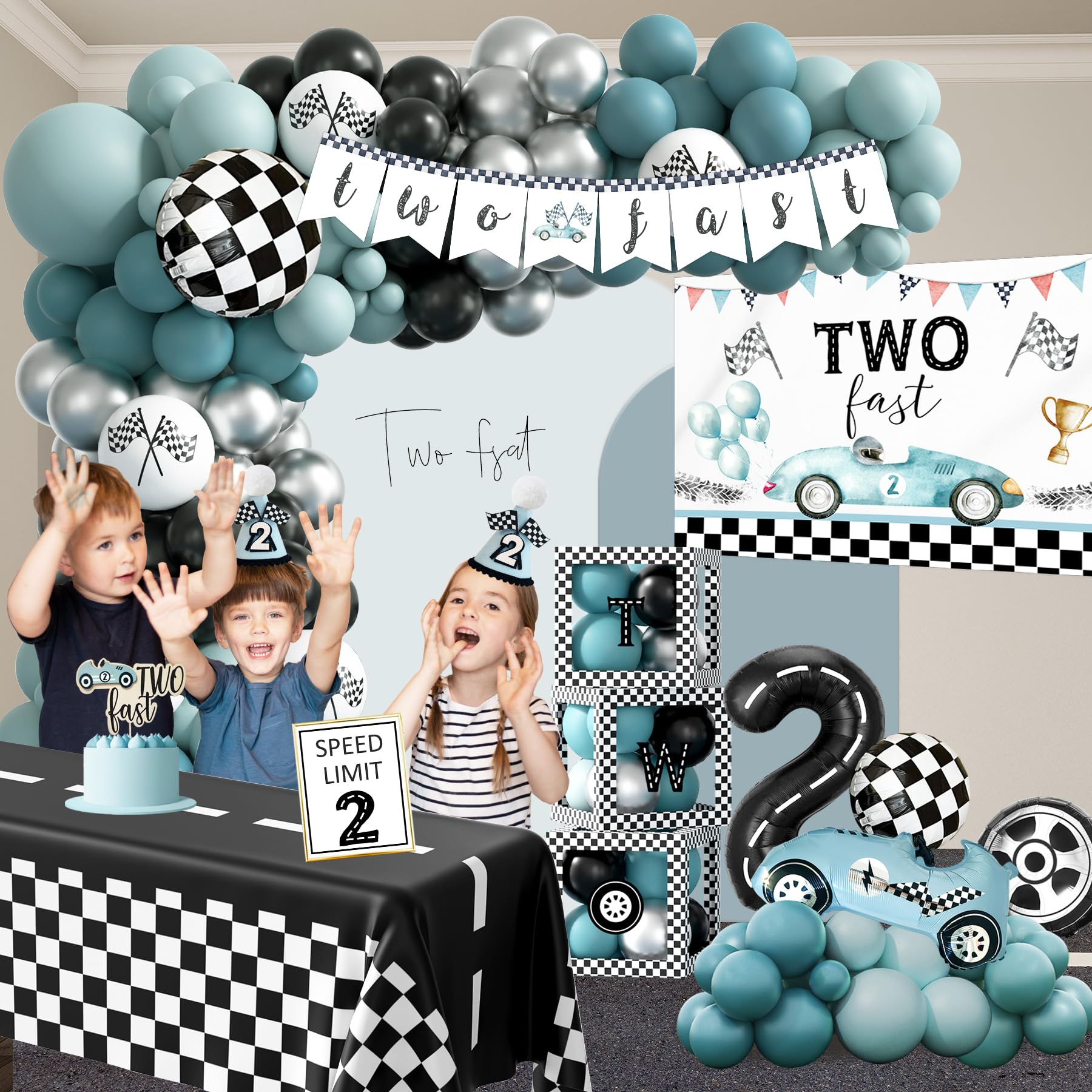 HYCSANBAO Two Fast Birthday Decorations – Race Car 2nd Birthday Kit