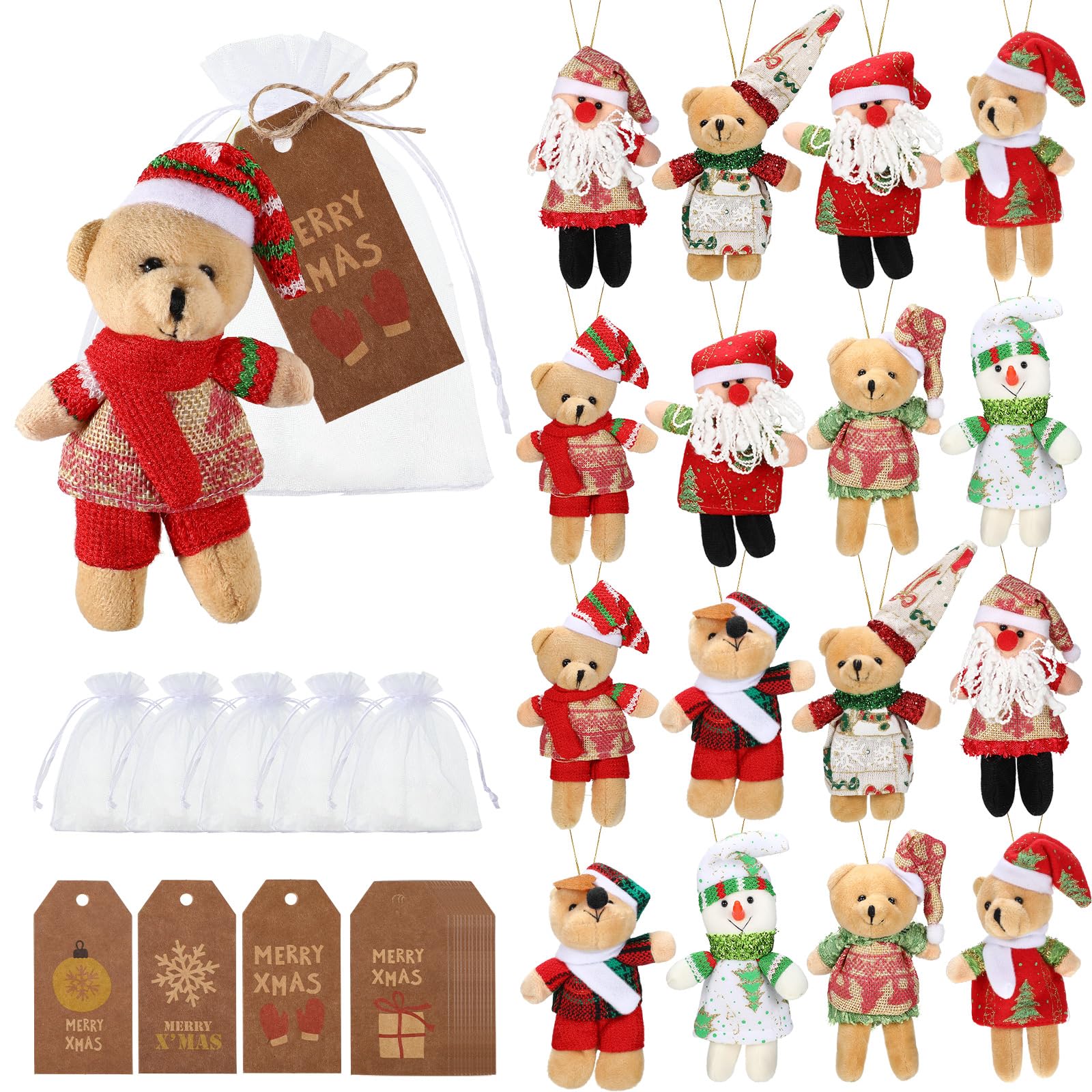 HyDren 48 Pcs Christmas Mini Plush Bears (5.1") | 16 Sets with Organza Bags & Kraft Tags – Party Favors & Tree Ornaments