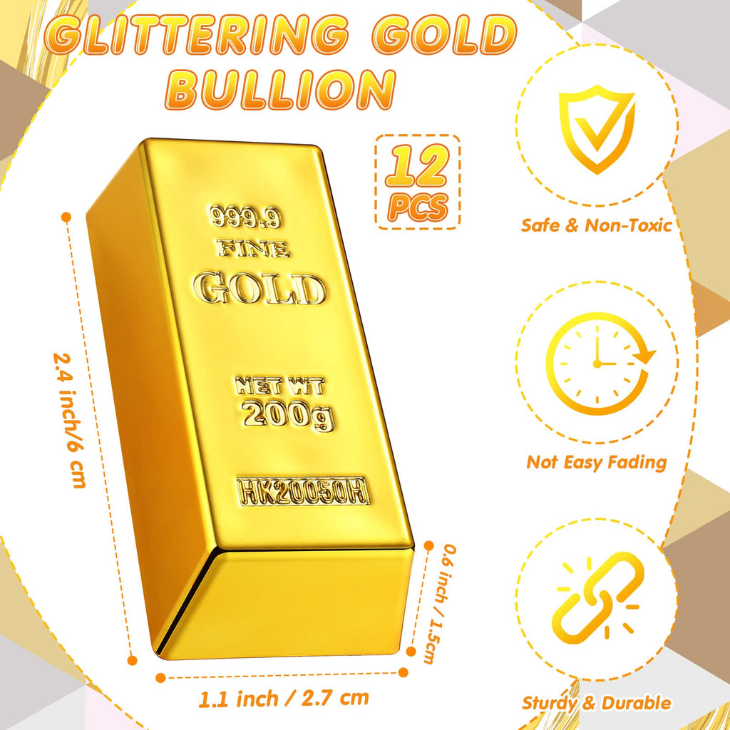 HyDren 24 Pcs Fake Gold Bar Prop Set with Canvas Money Bags | Movie & Party Decor