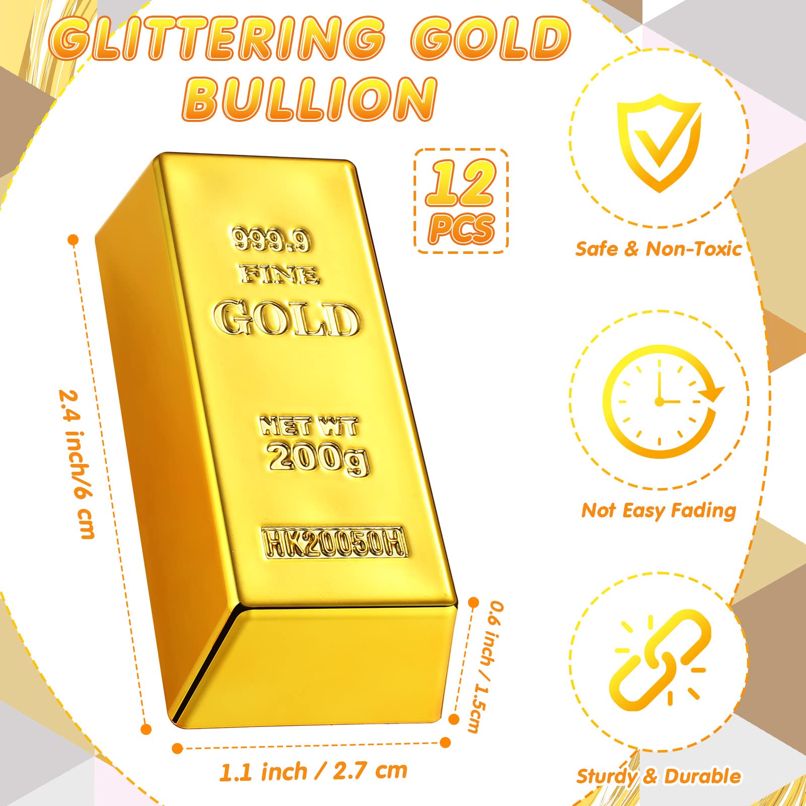 HyDren 24 Pcs Fake Gold Bar Prop Set with Canvas Money Bags | Movie & Party Decor