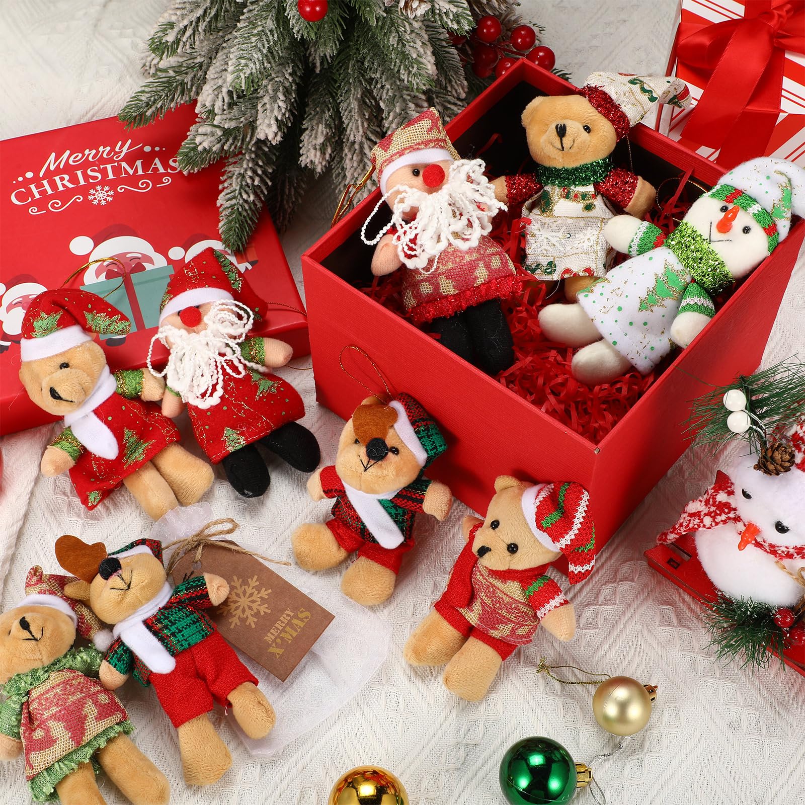 HyDren 48 Pcs Christmas Mini Plush Bears (5.1") | 16 Sets with Organza Bags & Kraft Tags – Party Favors & Tree Ornaments