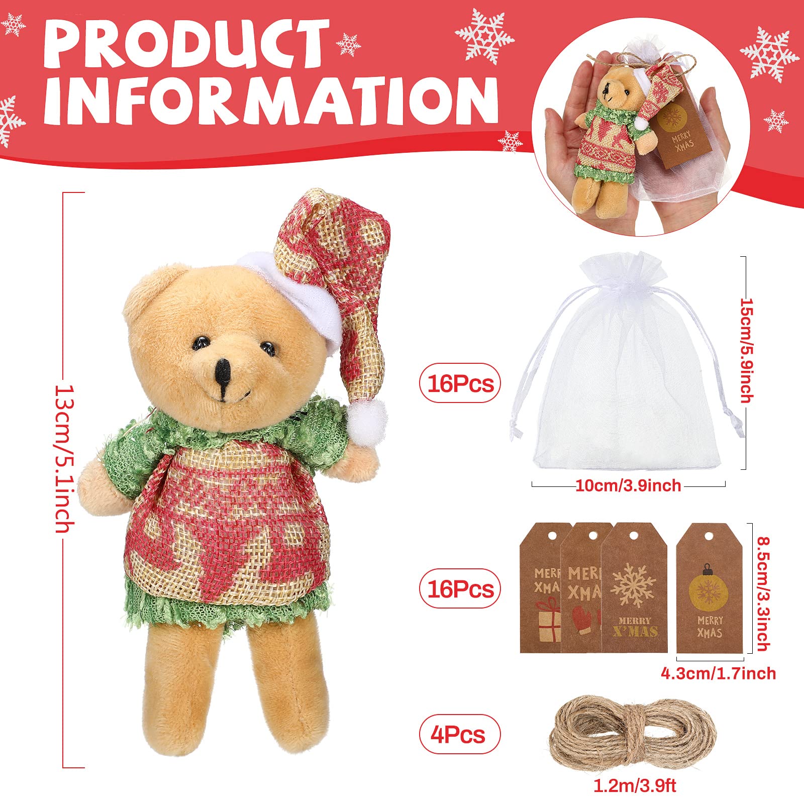 HyDren 48 Pcs Christmas Mini Plush Bears (5.1") | 16 Sets with Organza Bags & Kraft Tags – Party Favors & Tree Ornaments