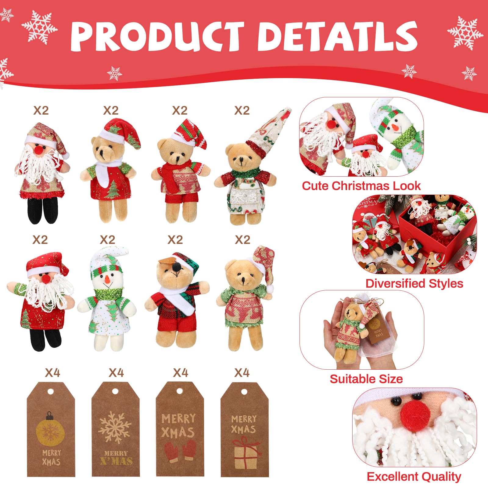 HyDren 48 Pcs Christmas Mini Plush Bears (5.1") | 16 Sets with Organza Bags & Kraft Tags – Party Favors & Tree Ornaments