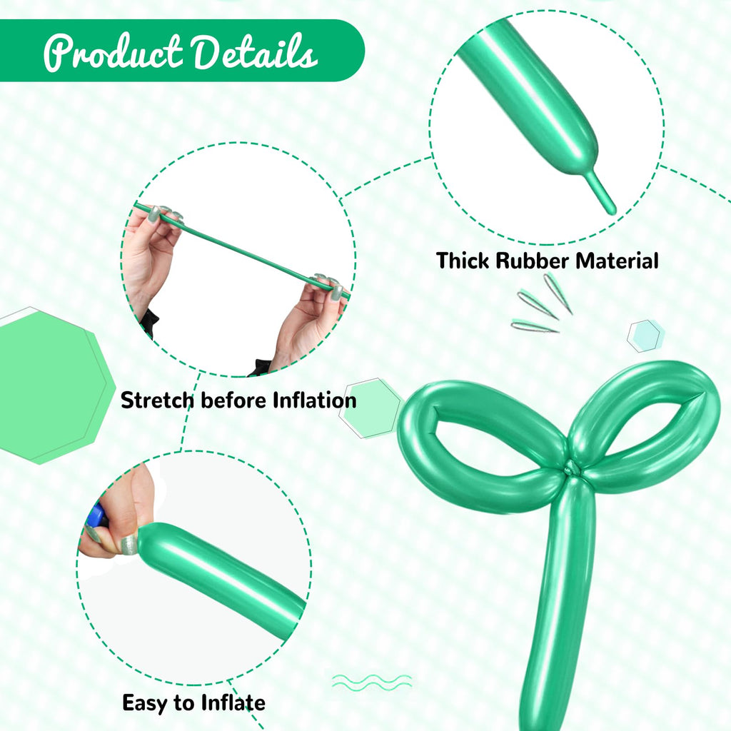 HYKJNBW 100Pcs Metallic Green Chrome 260 Balloons – Long Skinny Twist Balloons for Party Decor