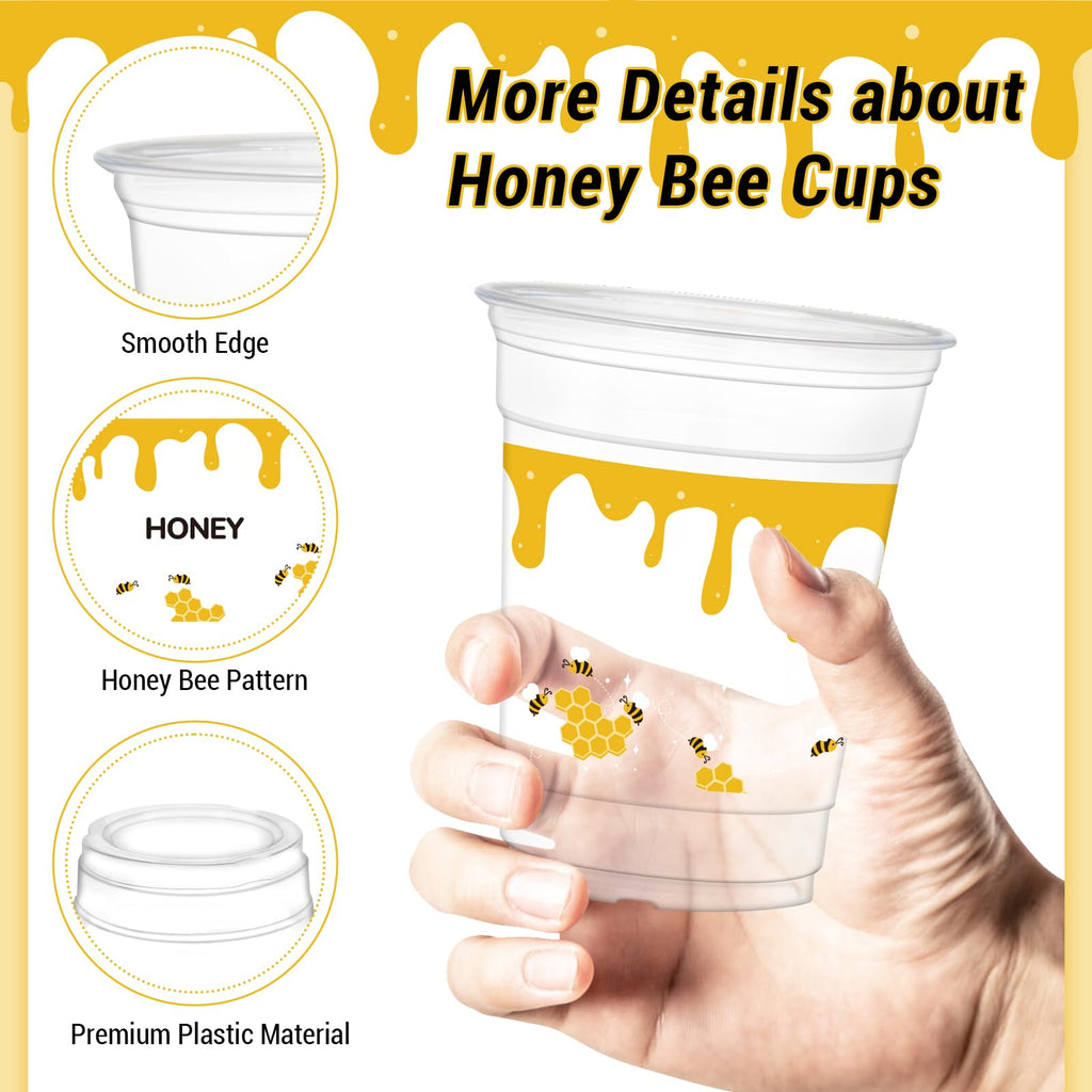 HYMENEX 50 Pcs Honey Bee Cups - 12 oz Clear Plastic Party Cups for Drinks | Baby Shower & Birthday Decor