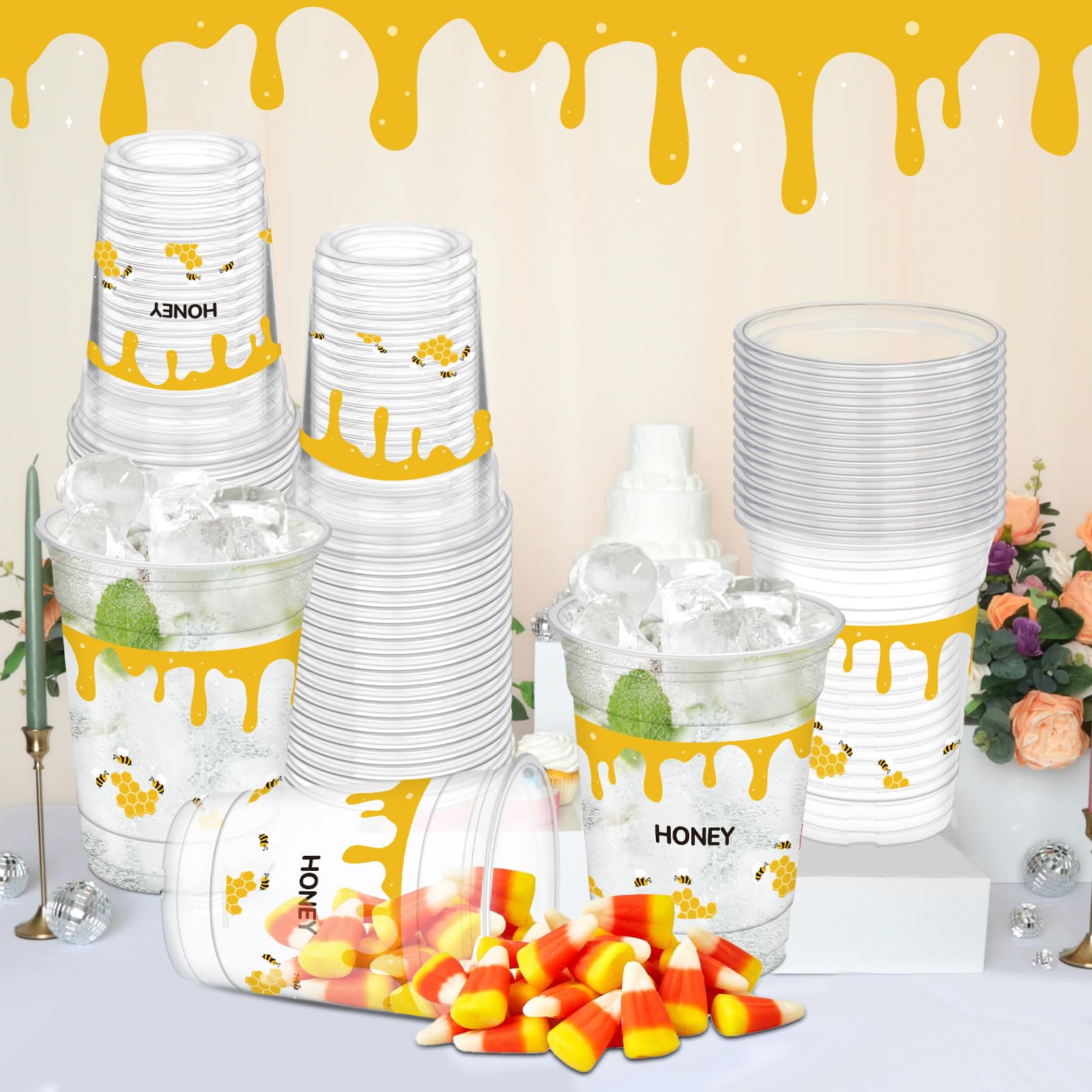 HYMENEX 50 Pcs Honey Bee Cups - 12 oz Clear Plastic Party Cups for Drinks | Baby Shower & Birthday Decor