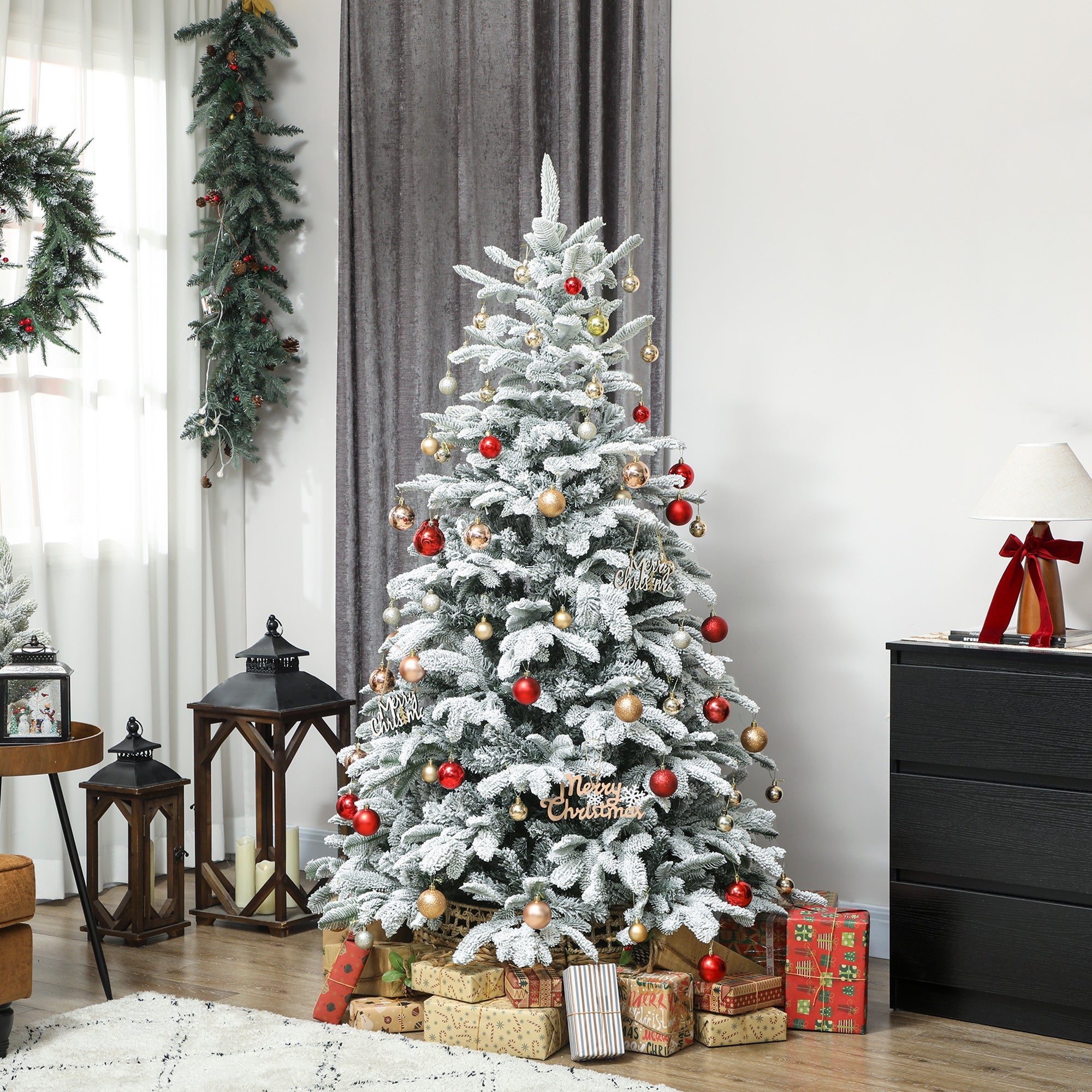 HOMCOM 6 ft Artificial Flocked Christmas Tree with 1182 Branches, Hinged Xmas Tree with Foldable Metal Stand, Easy Assembly for Home Office Decor