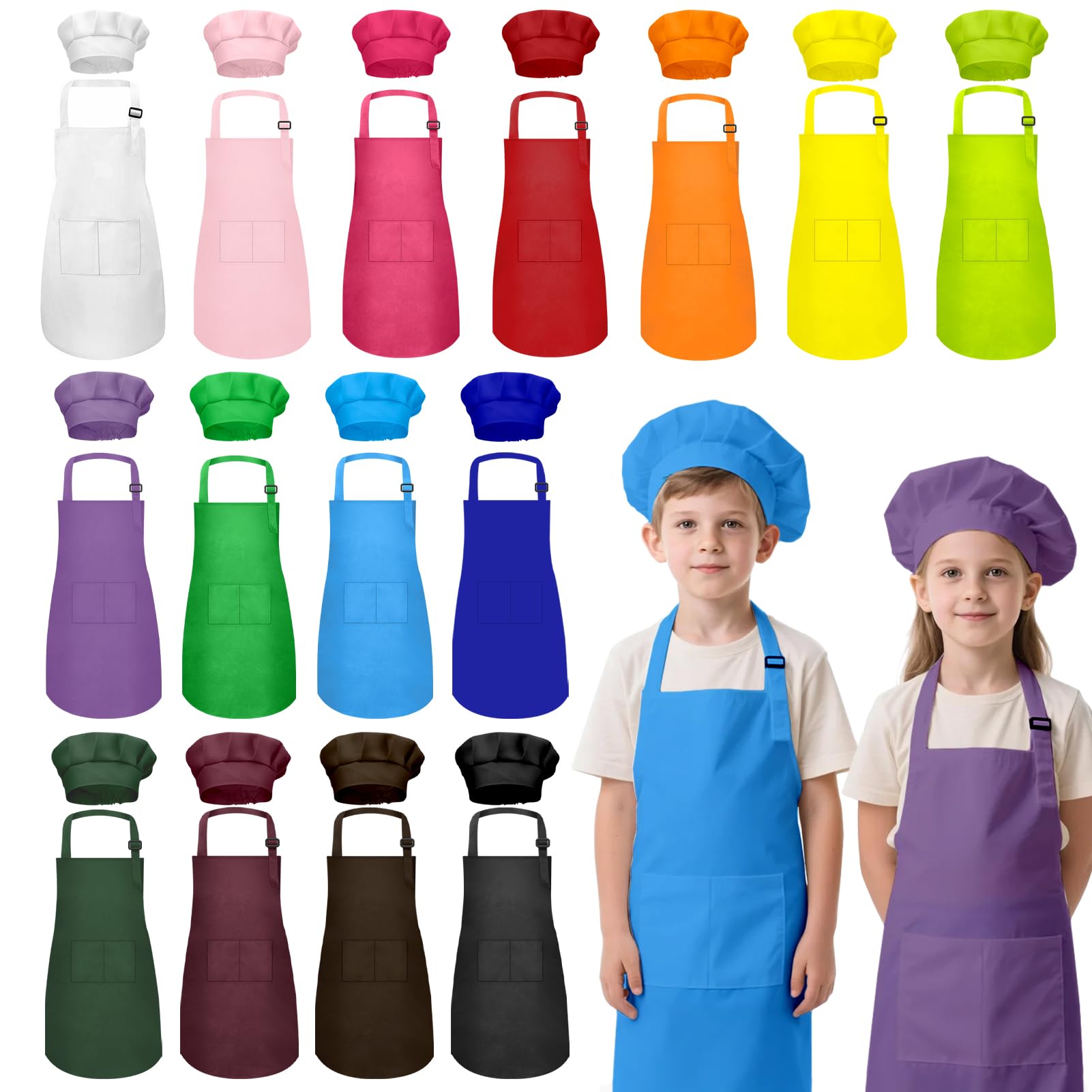 IAGBIBUI Kids Apron and Chef Hat Set – 30 Pieces, Adjustable for Ages 6-13, Multicolor