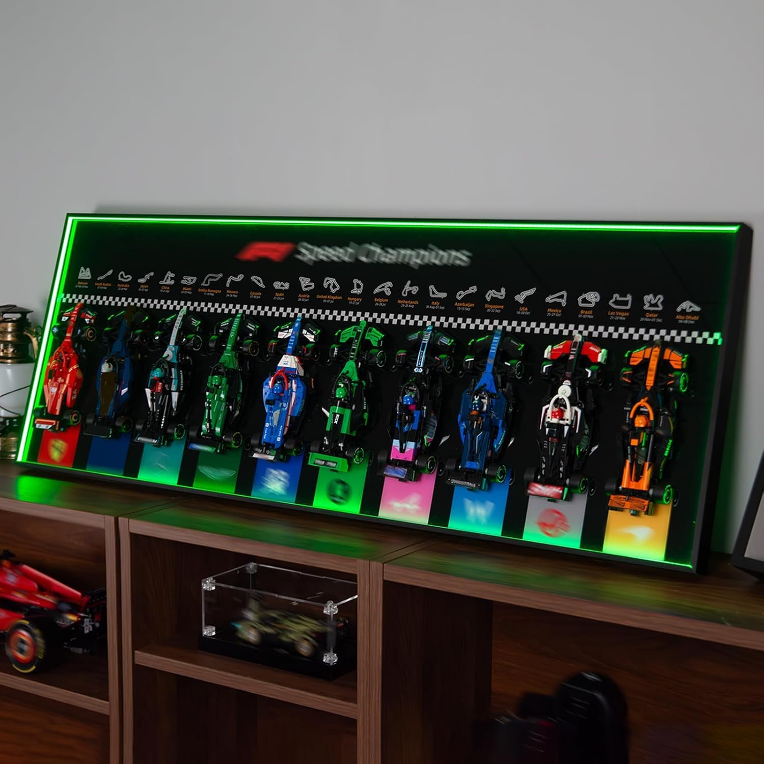 iCUANUTY Display Wallboard with RGB LED Lights for Lego Speed Champions F1 10-in-1