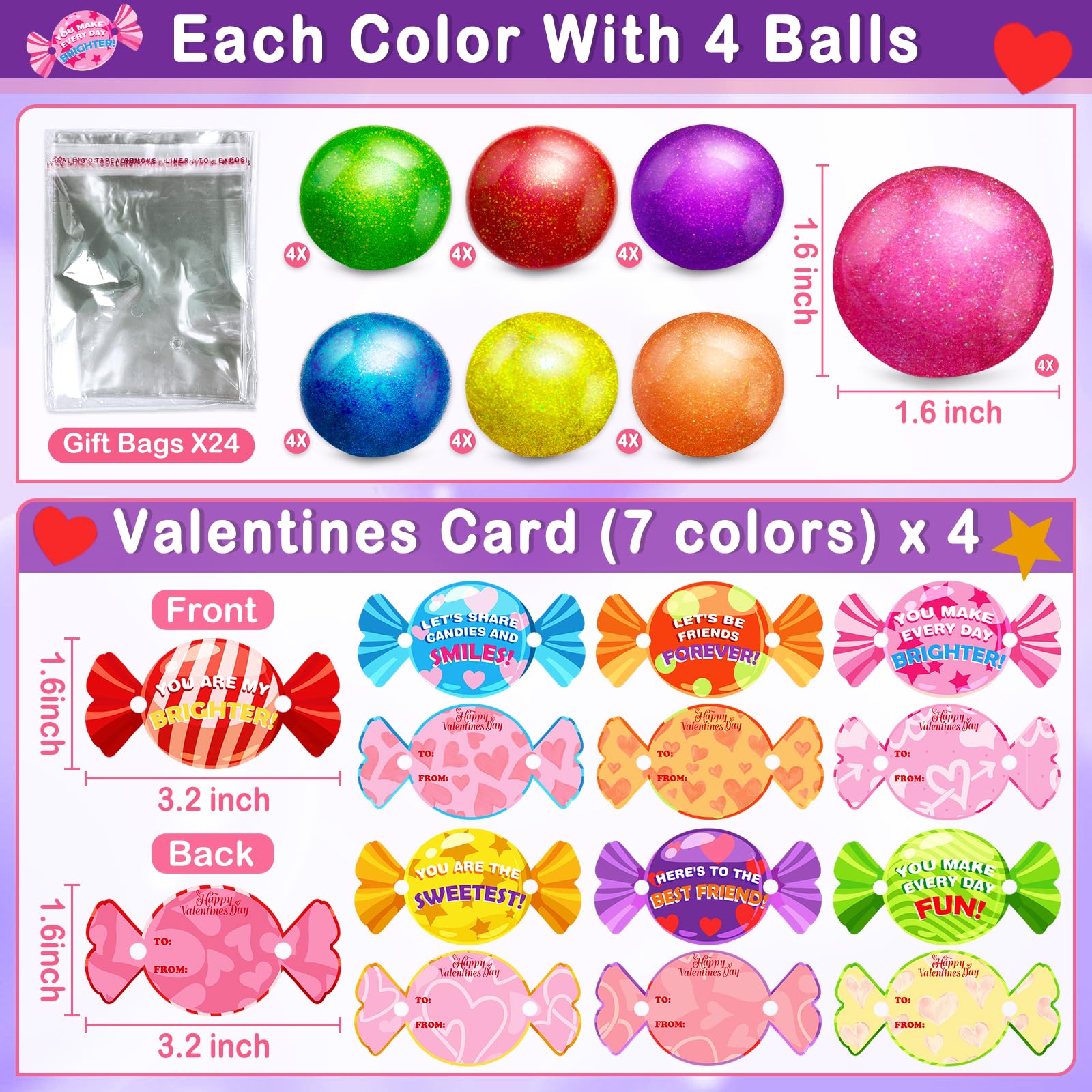 iGeeKid 28-Pack Glitter Stress Balls with Valentine Cards – Classroom Prizes & Party Favors