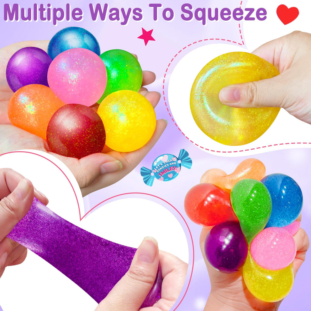 iGeeKid 28-Pack Glitter Stress Balls with Valentine Cards – Classroom Prizes & Party Favors