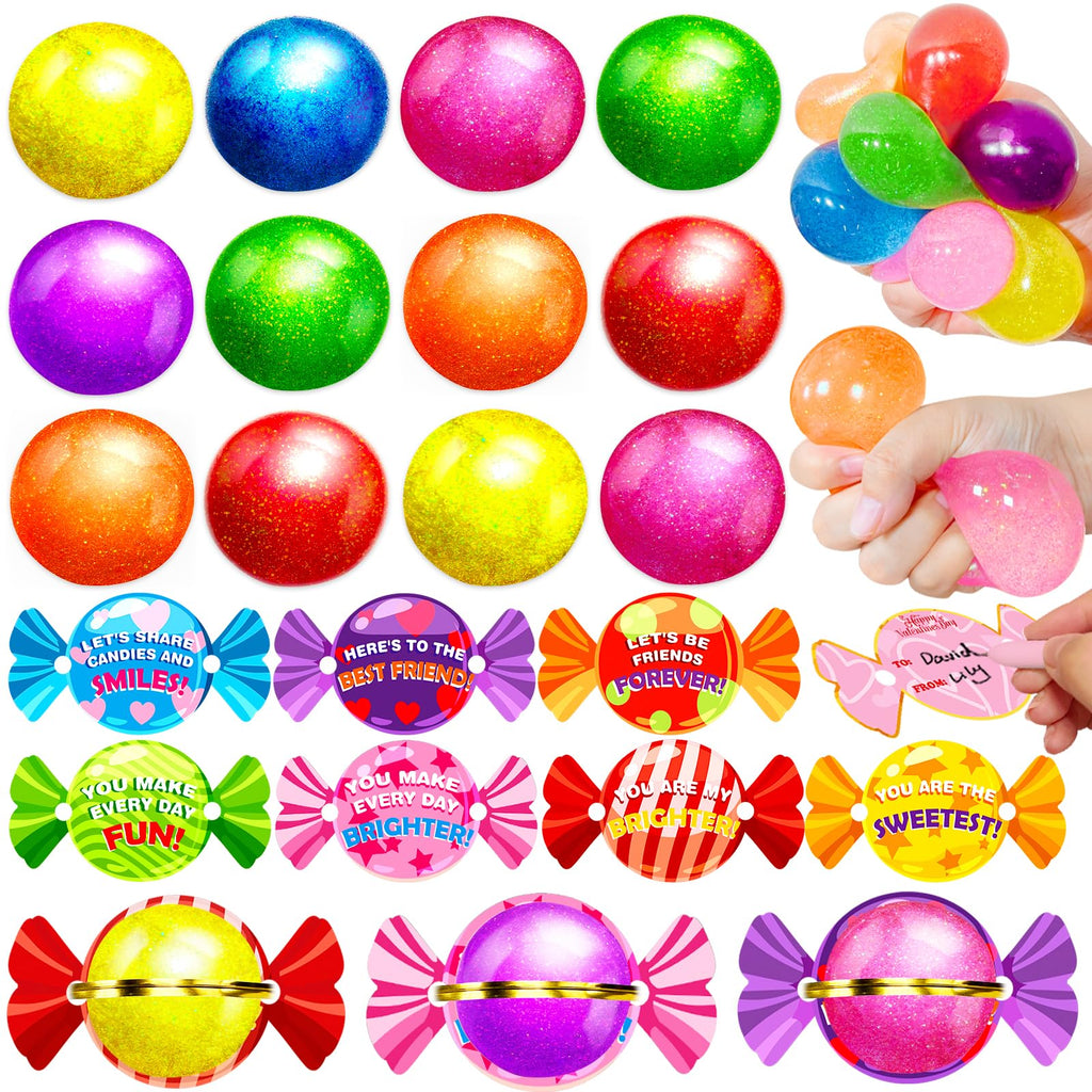 iGeeKid 28-Pack Glitter Stress Balls with Valentine Cards – Classroom Prizes & Party Favors