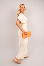 V Neck Short Sleeve Wide Leg Jumpsuit with Woven Belt