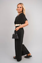 V Neck Short Sleeve Wide Leg Jumpsuit with Woven Belt