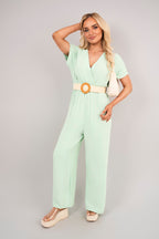 V Neck Short Sleeve Wide Leg Jumpsuit with Woven Belt
