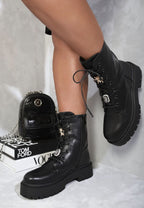 Zip Lace Up Chunky Biker Boots with Decor Details