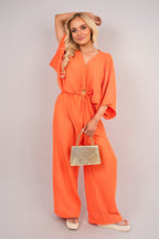 V Neck Wide Sleeve Jumpsuit with Ring Front Detail