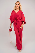 V Neck Wide Sleeve Jumpsuit with Ring Front Detail