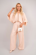 V Neck Wide Sleeve Jumpsuit with Ring Front Detail