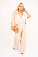 Wide Leg V Neck Jumpsuit with Back Tie Detail