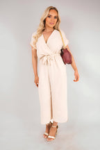 Wrap Short Sleeve Wide Leg Jumpsuit with Tie Waist
