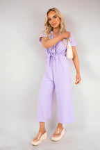 Wrap Short Sleeve Wide Leg Jumpsuit with Tie Waist