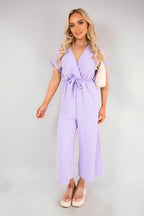 Wrap Short Sleeve Wide Leg Jumpsuit with Tie Waist