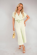 Wrap Short Sleeve Wide Leg Jumpsuit with Tie Waist