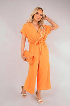 Wrap Short Sleeve Wide Leg Jumpsuit with Tie Waist