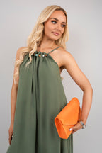 Sleeveless Beaded Halter Neck Maxi Dress with Tiered Hem