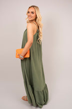 Sleeveless Beaded Halter Neck Maxi Dress with Tiered Hem