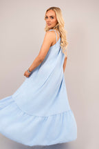 Sleeveless Beaded Halter Neck Maxi Dress with Tiered Hem