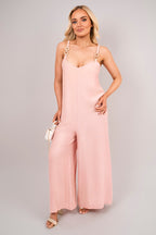 Scoop Neck Wide Leg Sleeveless Jumpsuit with Strap Detail