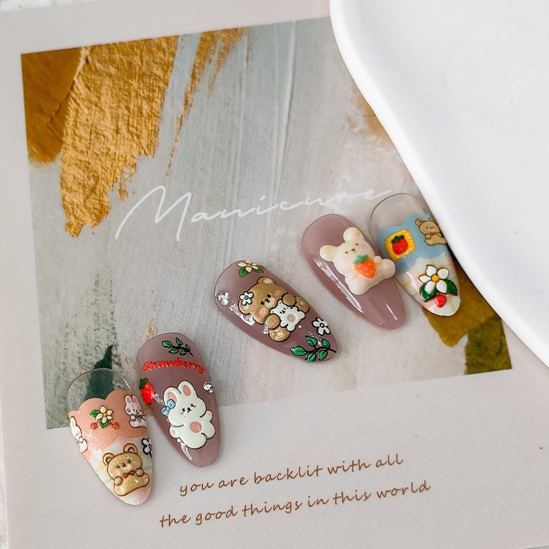 Hello Claws | Bear Rabbit Strawberry Embossed Pattern Design Nail Deco Sticker