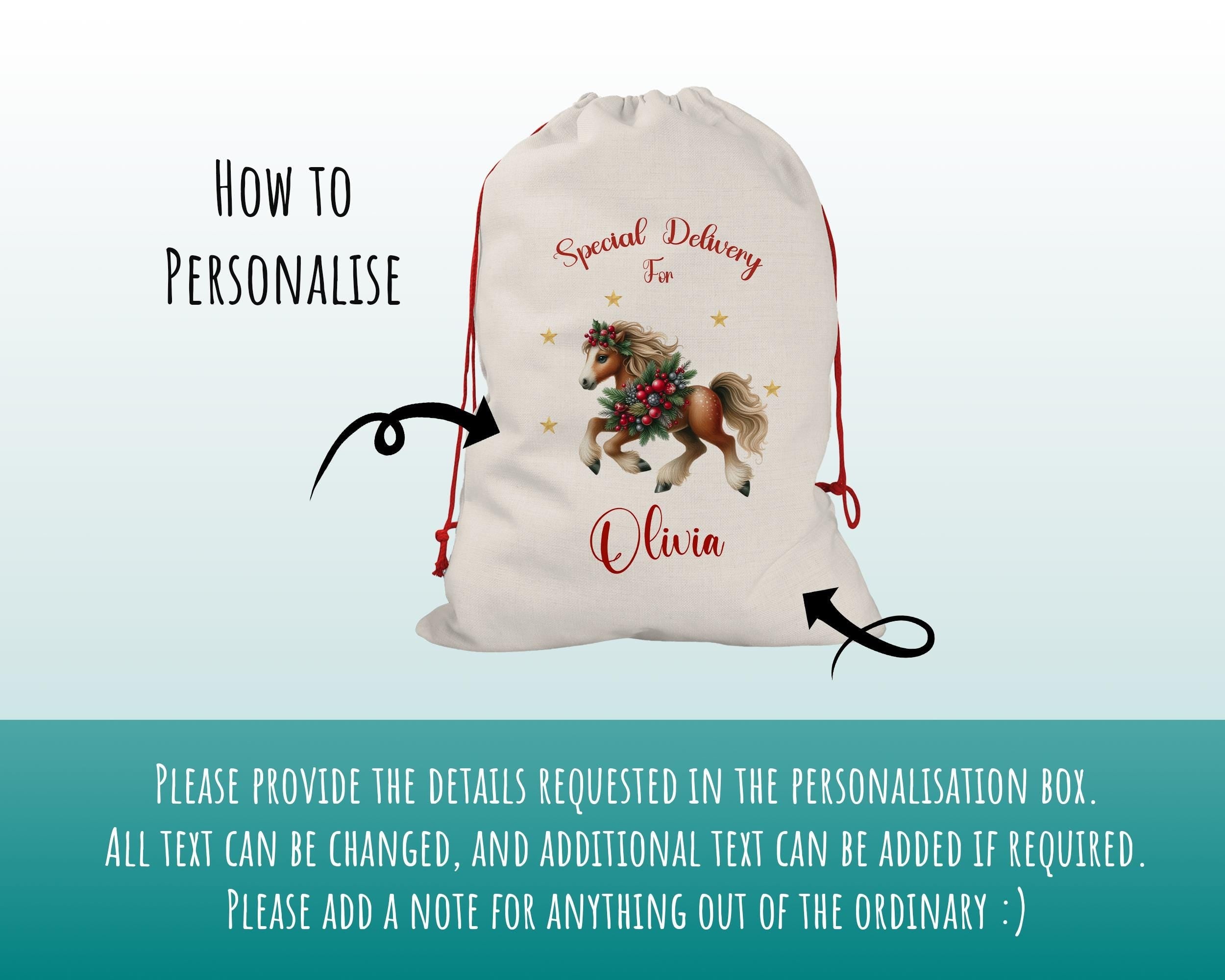 Personalised Christmas Sack - Santa Sack for Kids Presents Xmas Festive Horse Design Stocking Christmas Eve Bag Box for Girls & Boys XS027