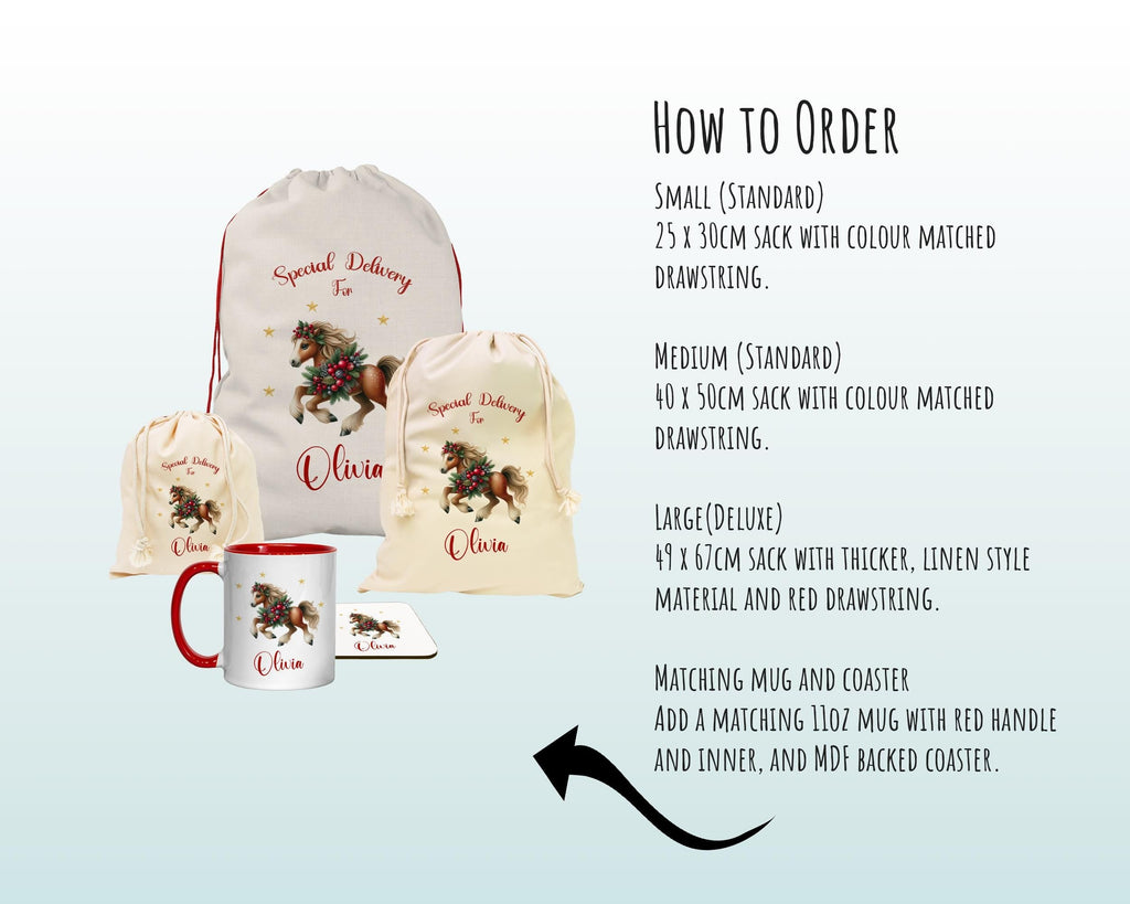 Personalised Christmas Sack - Santa Sack for Kids Presents Xmas Festive Horse Design Stocking Christmas Eve Bag Box for Girls & Boys XS027