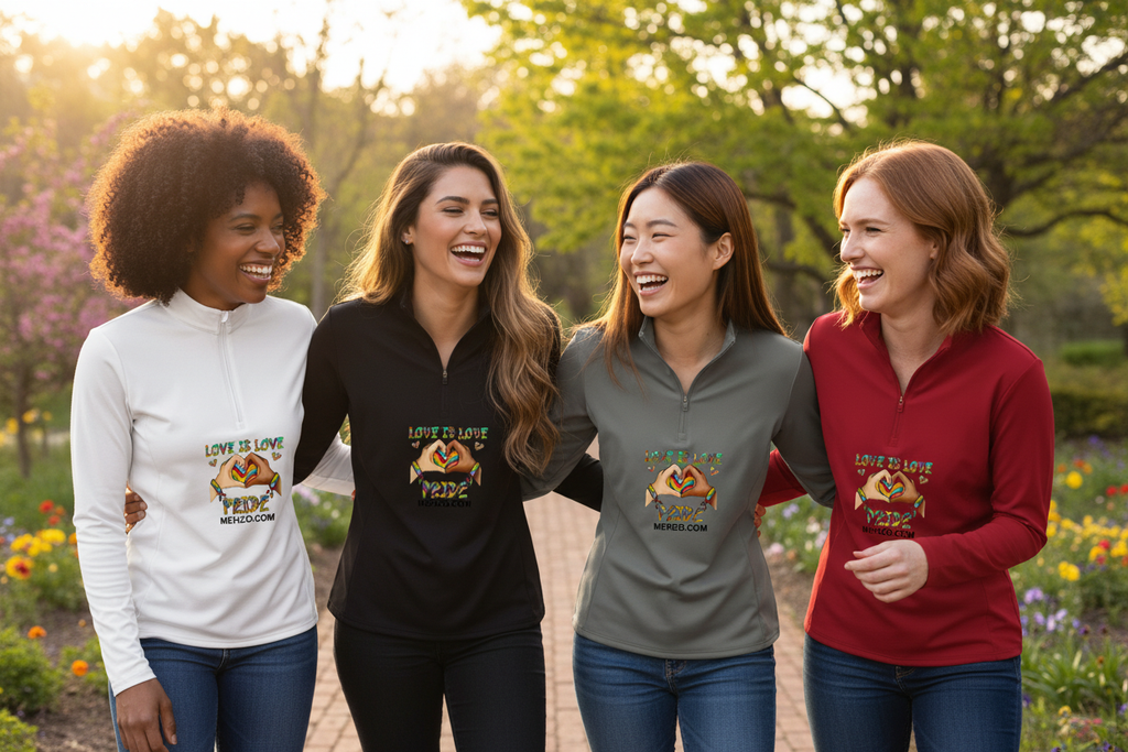 Four diverse women standing outside together enjoying life wearing quarter-zip pullovers