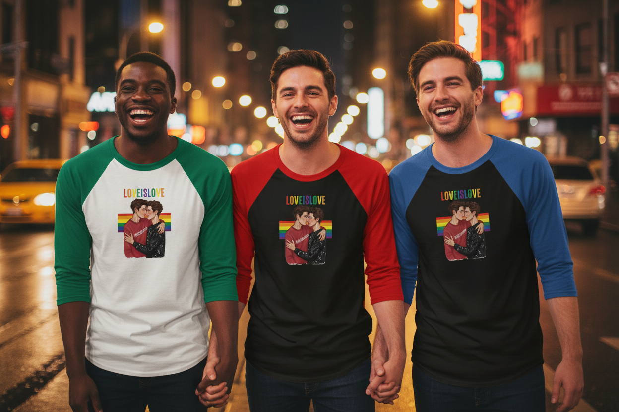 Three men wearing Love Is Love raglan tees, linking arms and laughing at night
