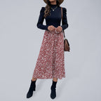 Women's Combo Color Mock-neck Ruffle Sleeve Printed Midi Dress