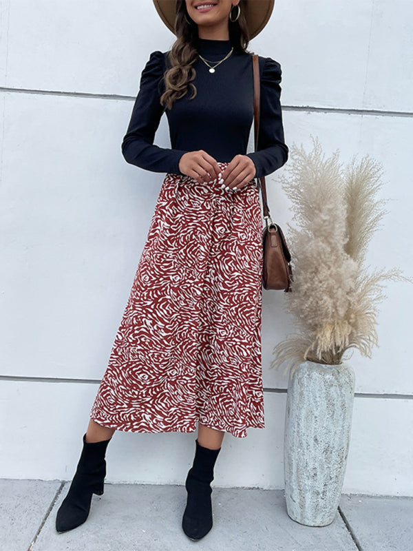 Women's Combo Color Mock-neck Ruffle Sleeve Printed Midi Dress